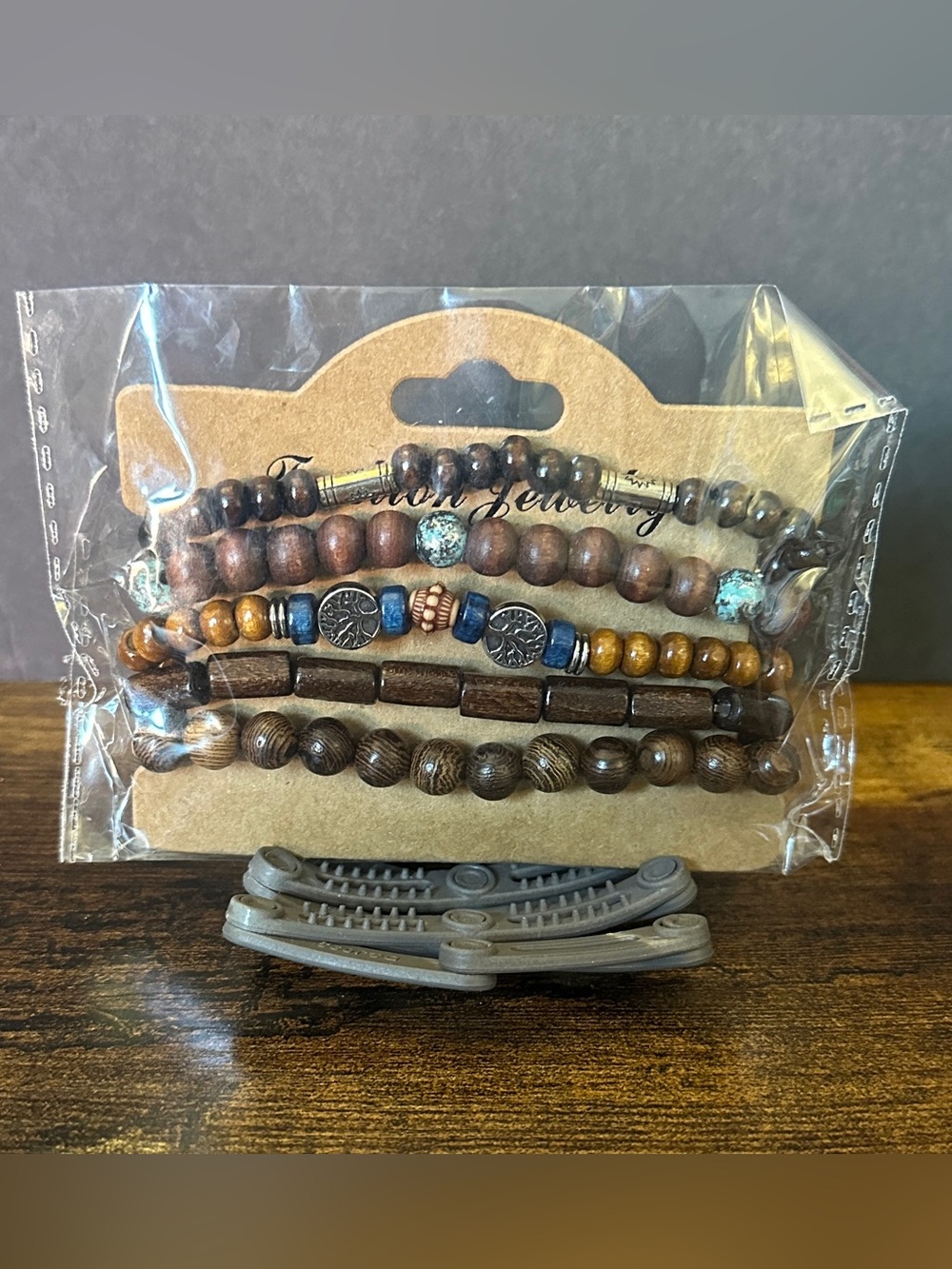 Men's Brown Beaded Bracelet Set - Layered Natural Wood Style